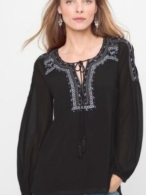 White House Black Market Black Tunic with White Embroidered Yoke and Tassels
